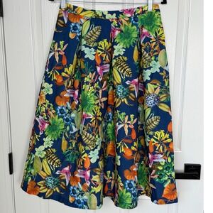 Aquamar Rio de Janeiro Tropical Hummingbird Floral Pleated Midi Skirt Blue L NWT